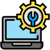 A gear with a wrench overlapping a laptop, vector icon