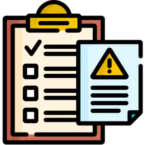 A clipboard holding a checklist next to a sheet with a warning sign, vector icon