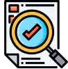 A magnifying glass focusing on check mark on a sheet, vector icon