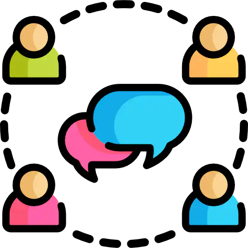 Two speech balloons with four people around them connected by a doted line, vector icon