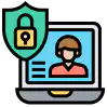 A shield with a lock overlapping a laptop, vector icon