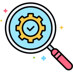 A magnifying glass focusing on a gear with a check mark, vector icon