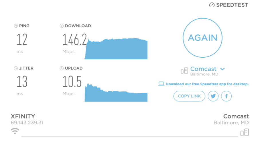Speedtest results include the PING in ms, the download speed and the option to run the test again