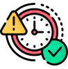 A clock next to a warning sign and a checkmark, vector icon