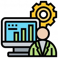 A computer next to a gear and a person, vector icon