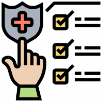 A hand pointing to a shield with a red cross, next to a checklist, vector icon