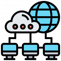 A cloud next to a world icon with lines connected to three computers below, representing online services, vector icon