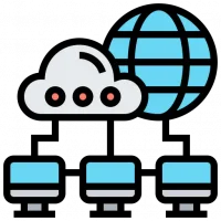 A cloud next to a world icon with lines connected to three computers below, representing online services, vector icon
