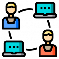 Two people and two laptops connected in the shape of a circle, vector icon