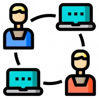 Two people and two laptops connected in the shape of a circle, vector icon