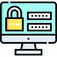 A computer with a lock and two text fields on the screen, vector icon