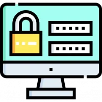 A computer with a lock and two text fields on the screen, vector icon