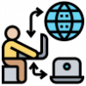 A person working on a laptop connected to a world and to another laptop by arrows, vector icon